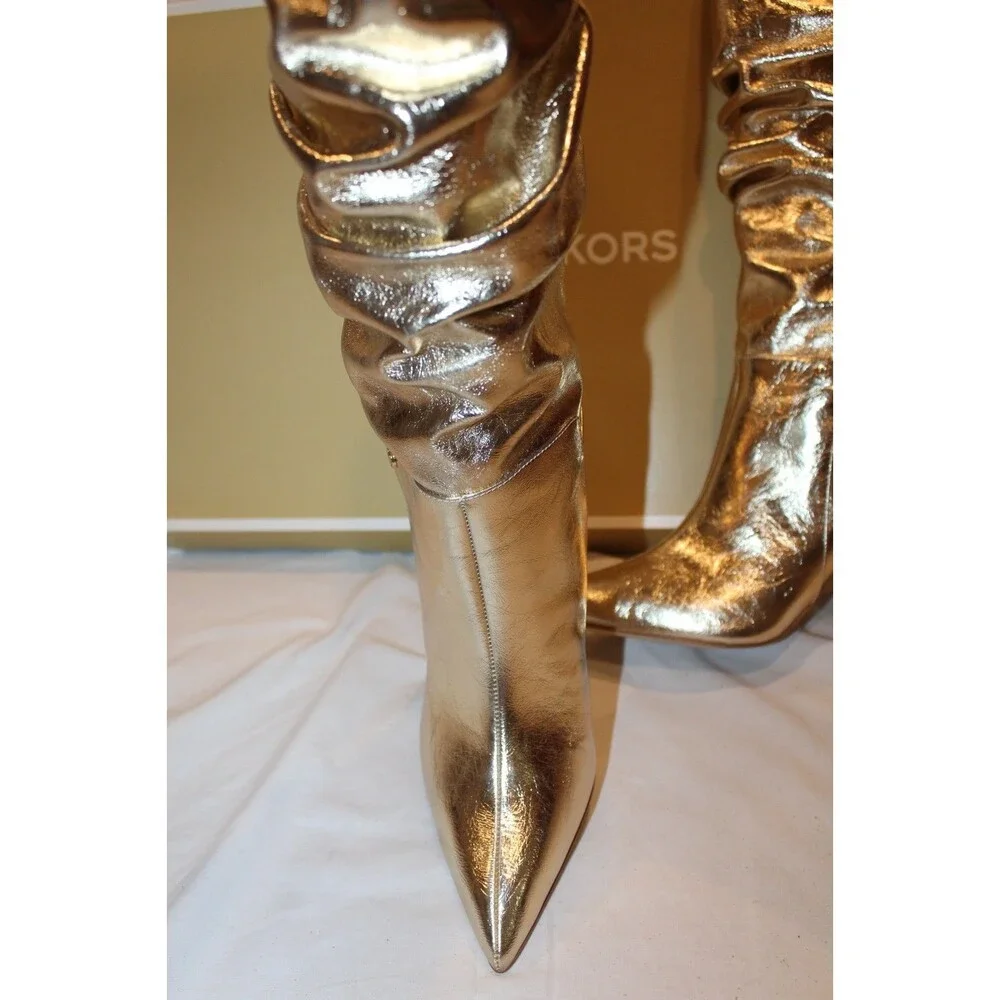 Michael Kors Women's Cracked Metallic Leather Tall Boots Gold NIB SZ 8